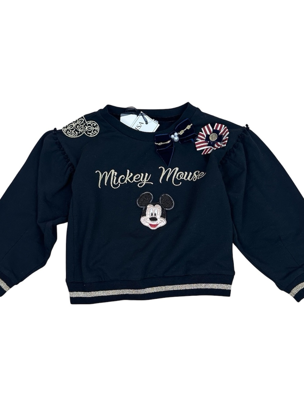 MonnaLisa Girls Black Mickey Mouse Kids Appliqué Beaded Sweatshirt NWT